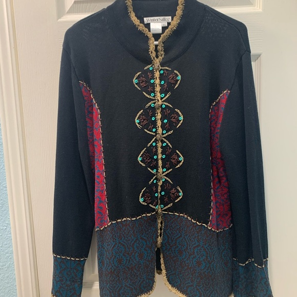 WinterSilks Sweaters - WinterSilks Black and Red Cardigan with Blue Accents